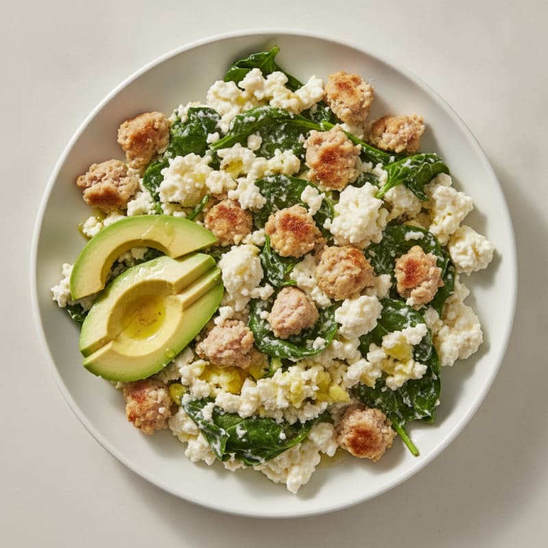 Egg White and Turkey Sausage Scramble with Cottage Cheese and Spinach