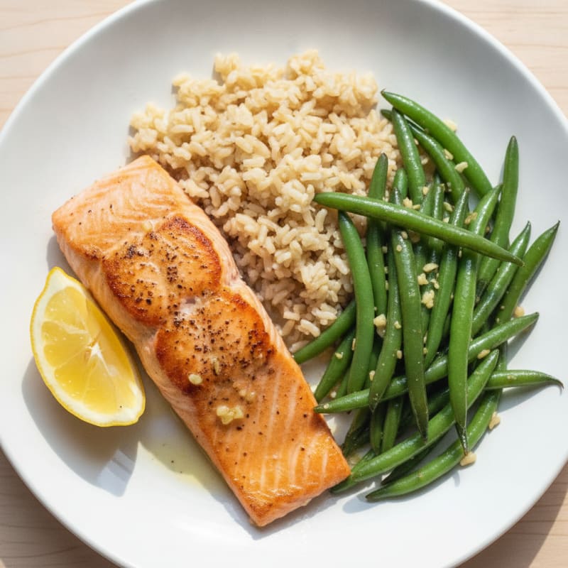 Seared Salmon with Garlic Green Beans and Brown Rice
