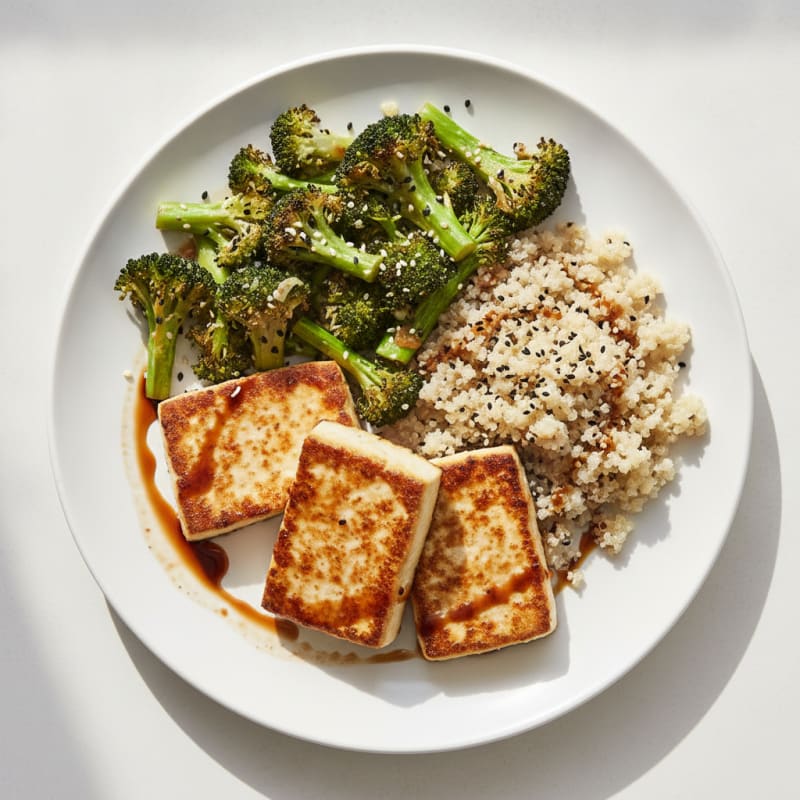 Seared Tofu Steaks with Roasted Broccoli and Quinoa