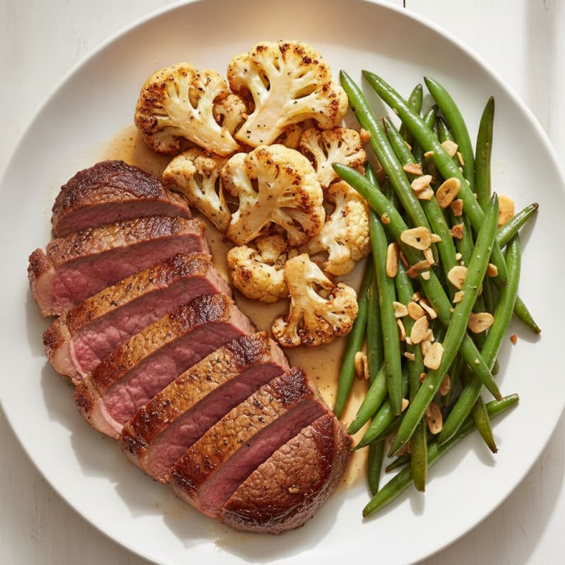 Seared Sirloin Steak with Roasted Cauliflower and Garlic Green Beans