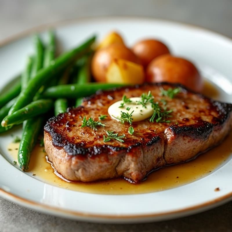 Pan-Seared Garlic Butter Steak with Crispy Roasted Potatoes and Fresh Green Beans