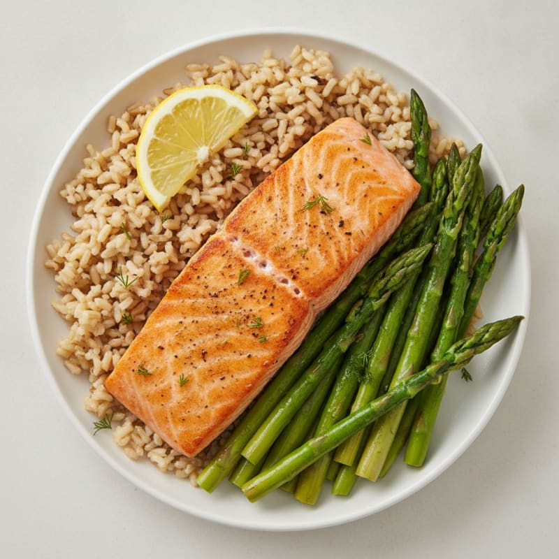 Seared Salmon with Steamed Asparagus and Brown Rice