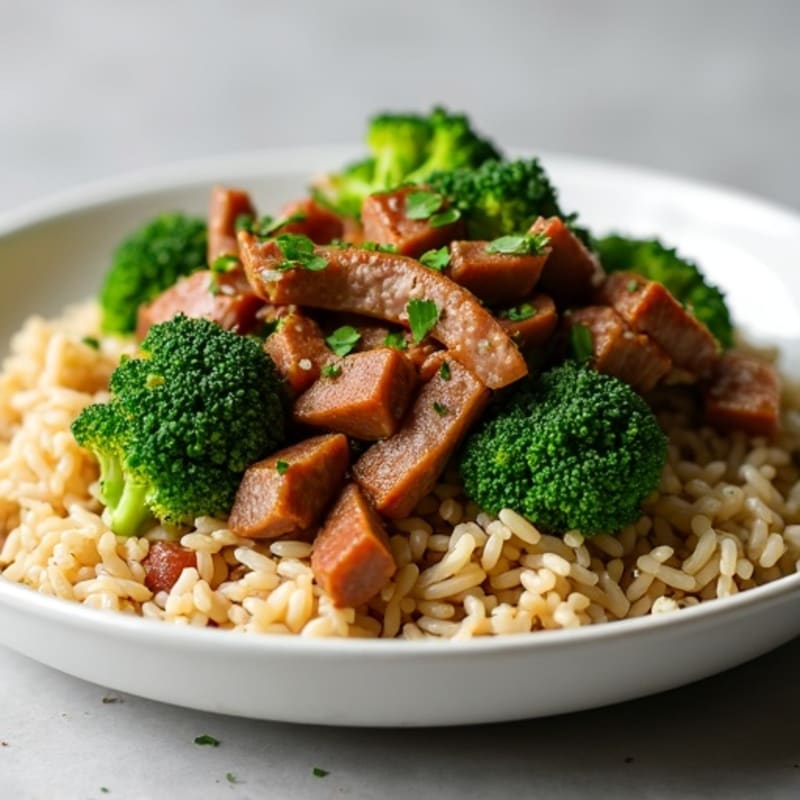 Tender Lean Beef and Crisp Broccoli Stir-Fry with Brown Rice