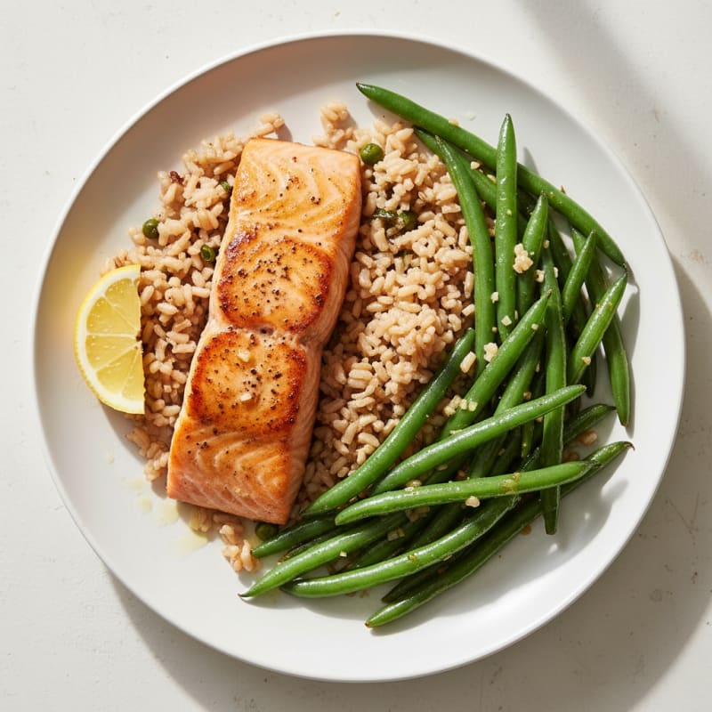 Seared Salmon with Garlic Green Beans and Brown Rice