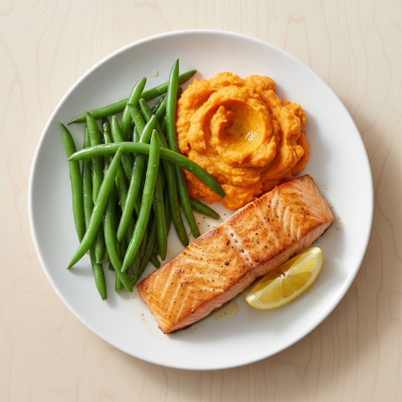 Seared Salmon with Steamed Green Beans and Mashed Sweet Potato