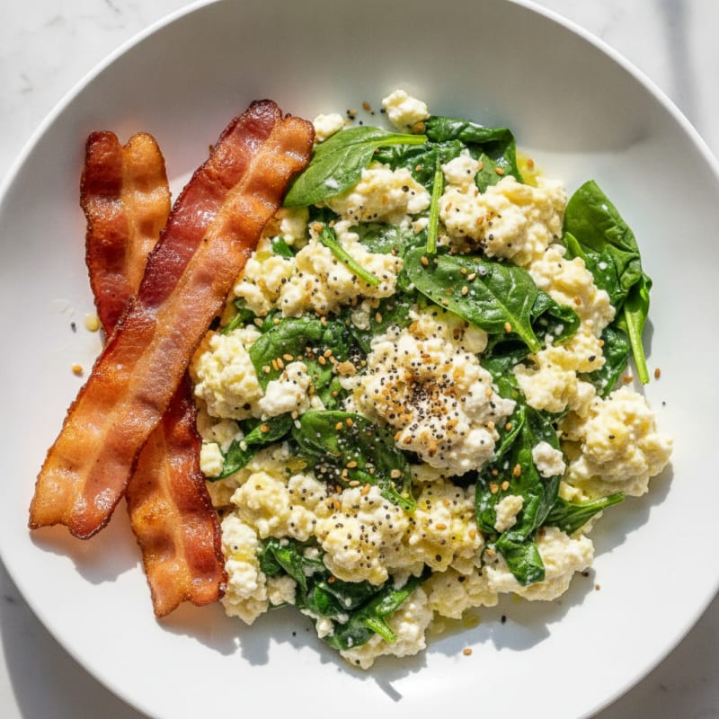 Cottage Cheese Scramble with Turkey Bacon and Spinach