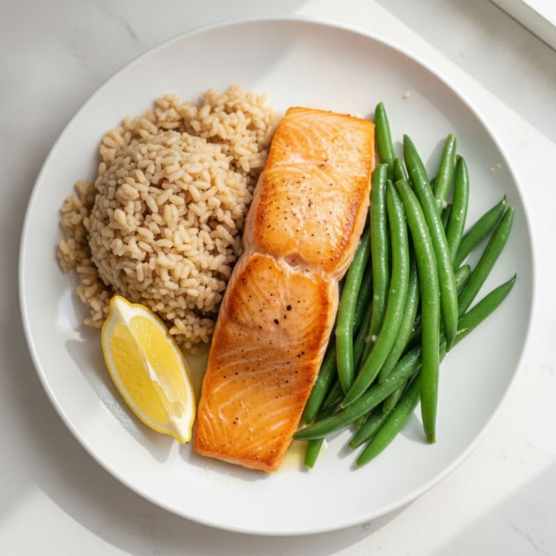 Seared Salmon with Steamed Green Beans and Brown Rice