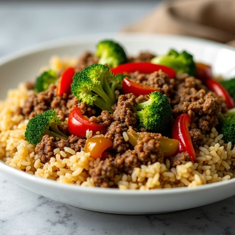 Lean Ground Beef and Brown Rice Skillet with Crispy Vegetables