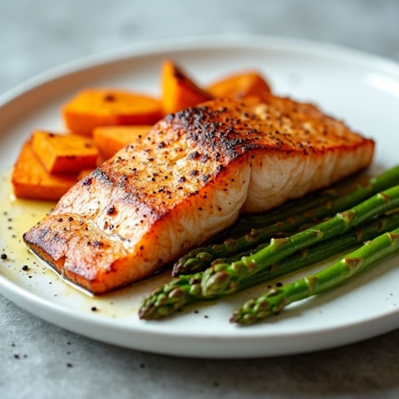 Seared Salmon Fillet with Roasted Sweet Potato and Asparagus
