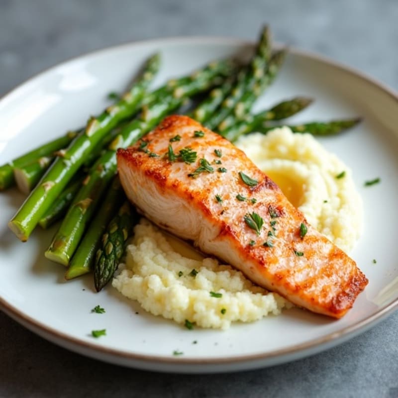 Seared Salmon with Roasted Asparagus and Cauliflower Mash