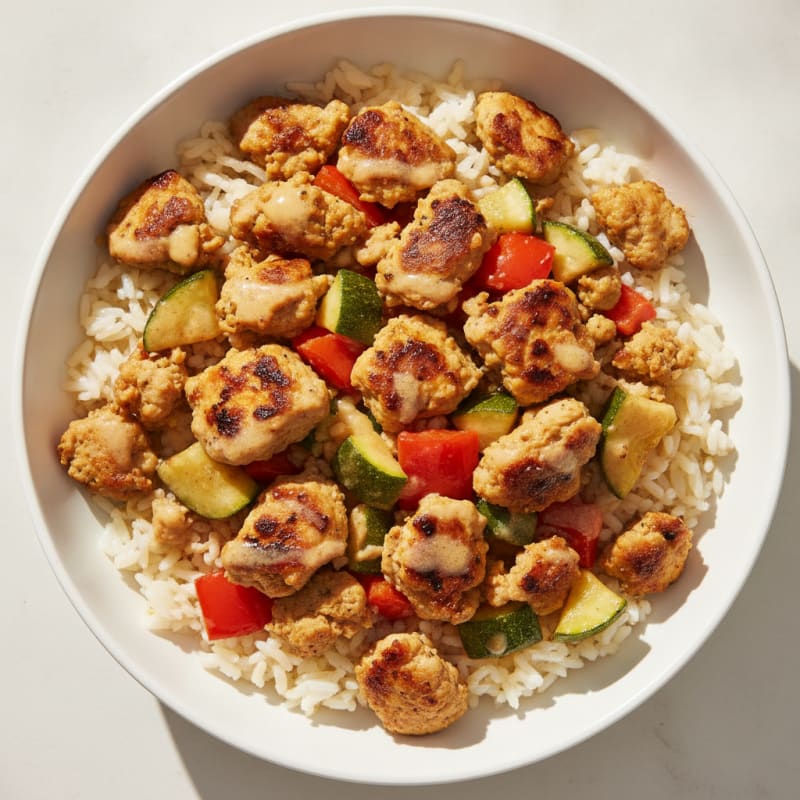 Grilled Ground Turkey and Veggie Rice Bowl