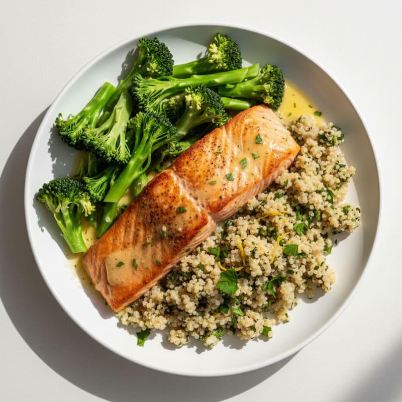 Seared Salmon with Steamed Broccoli and Lemon Herb Quinoa