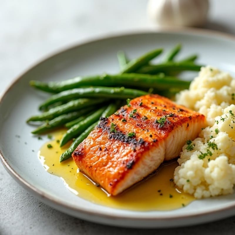 Seared Salmon with Garlic Green Beans and Cauliflower Mash