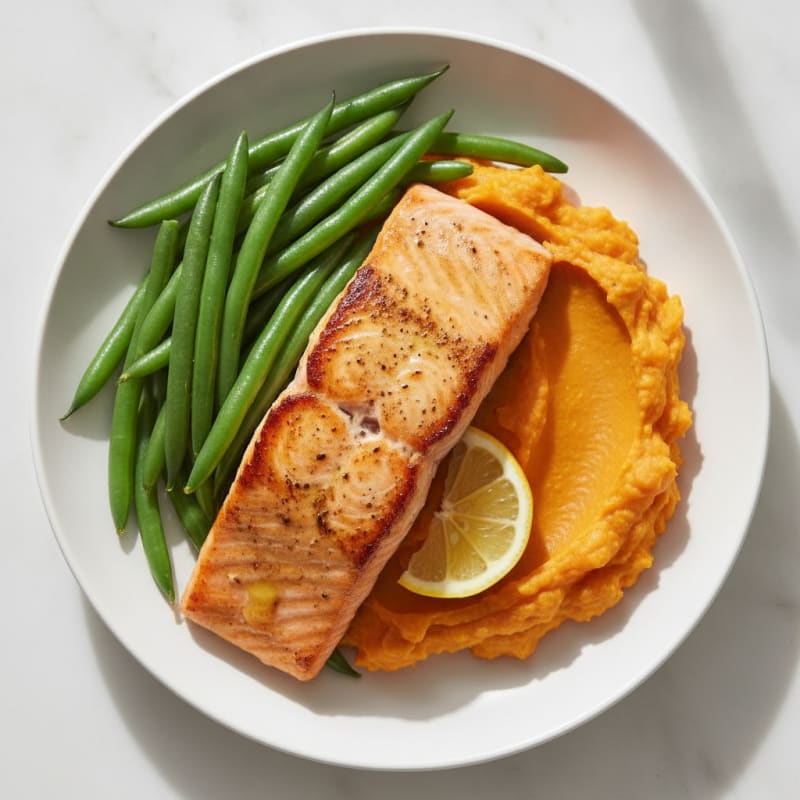 Seared Salmon with Steamed Green Beans and Sweet Potato Mash