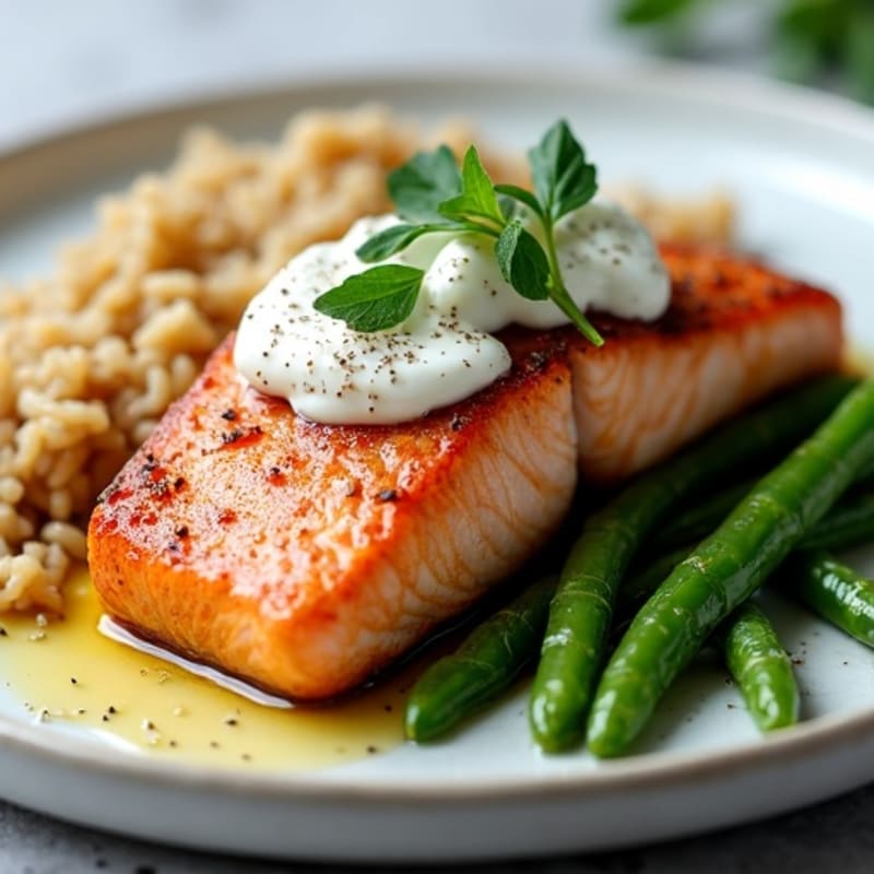 Seared Salmon Fillet with Garlic Green Beans and Brown Rice