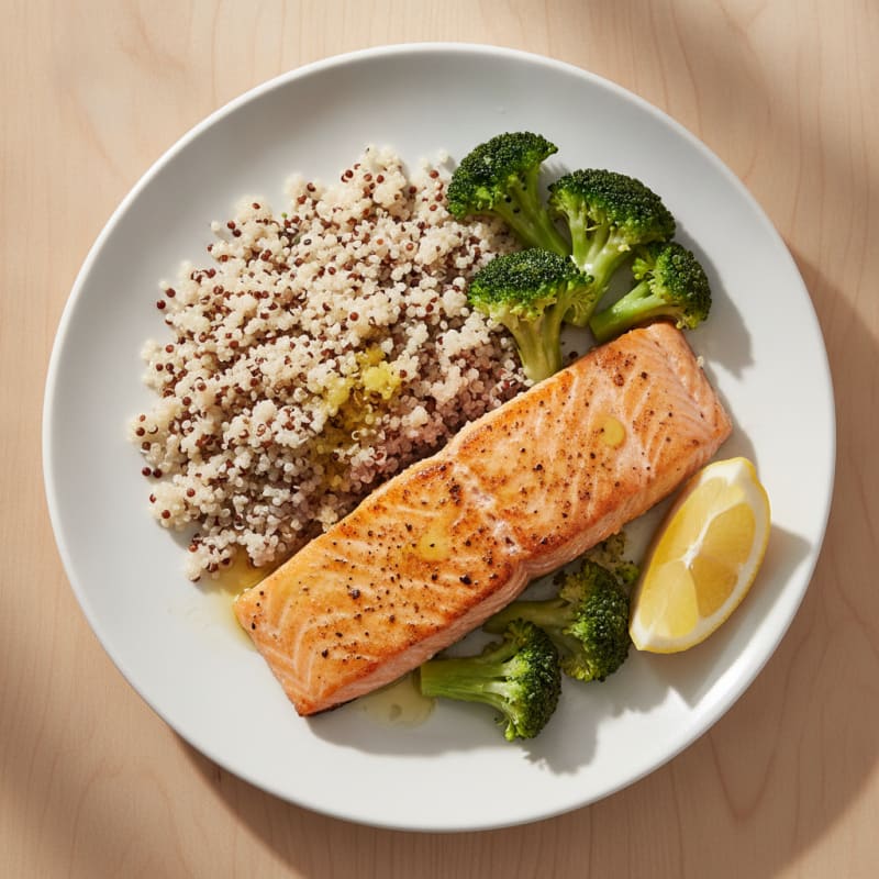 Seared Salmon Fillet with Steamed Broccoli and Quinoa