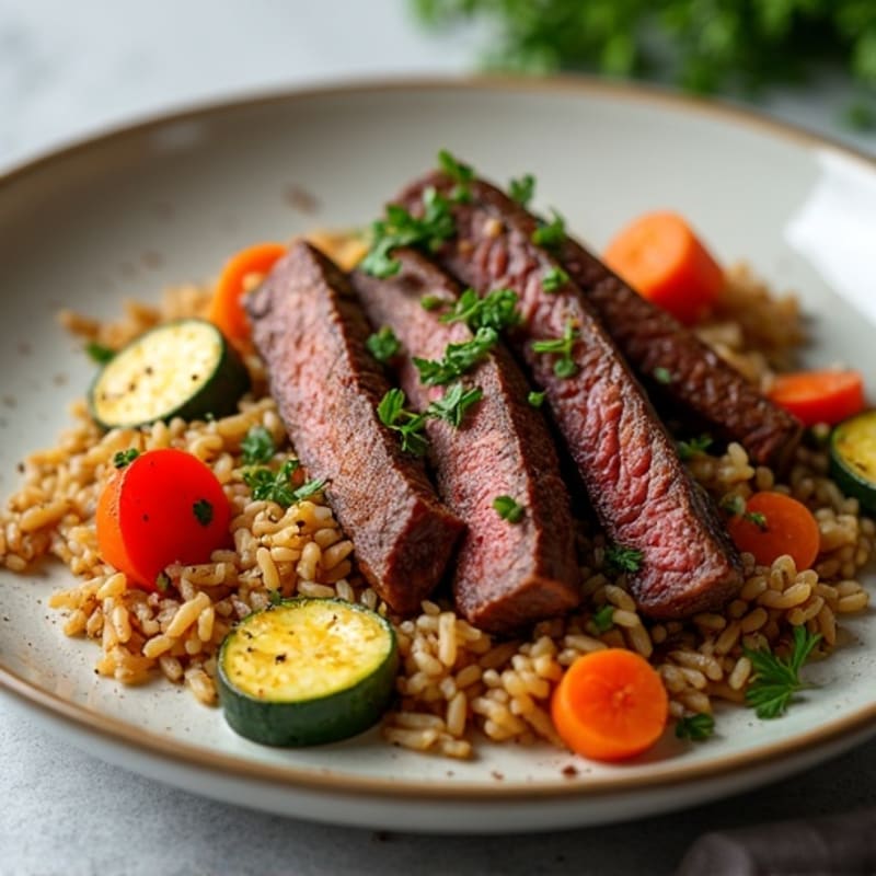 Seared Beef Strips with Roasted Vegetables and Wild Rice