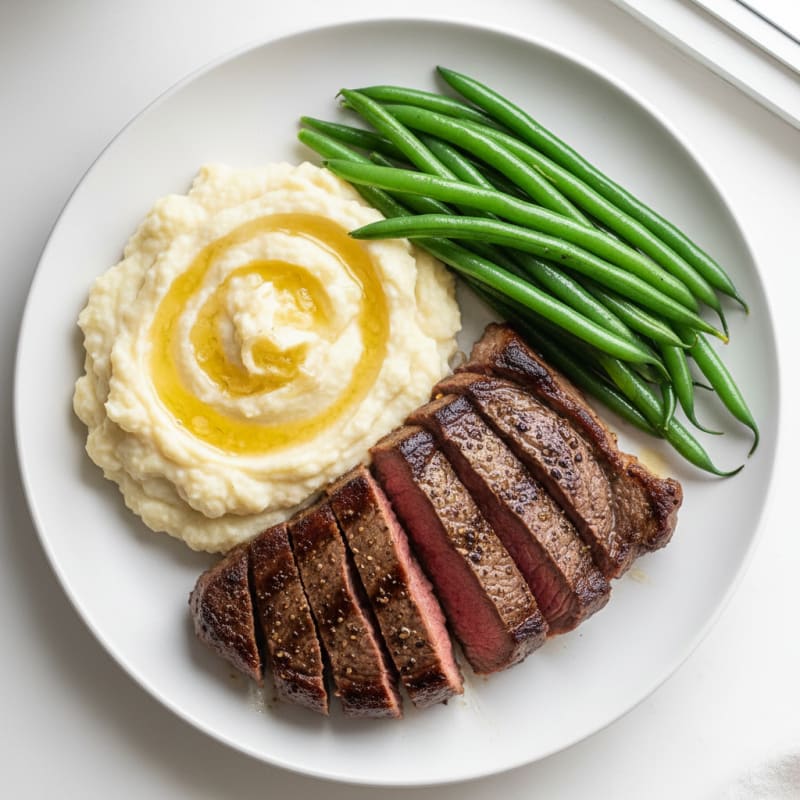 Seared Lean Beef with Steamed Green Beans and Cauliflower Mash