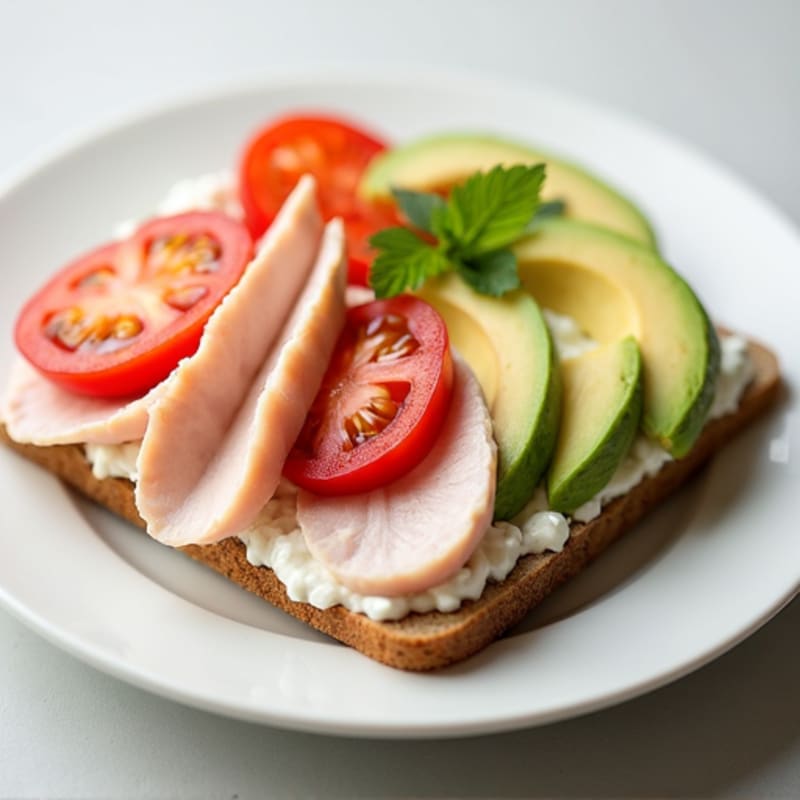 Cottage Cheese with Sliced Turkey Breast, Cherry Tomatoes, and Avocado