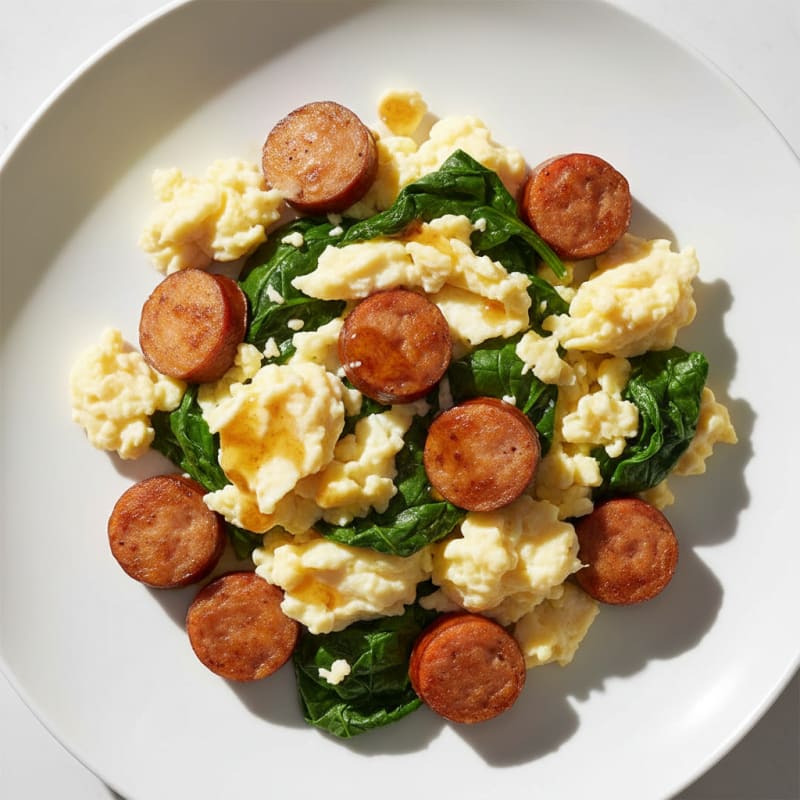 Scrambled Eggs with Spinach and Crispy Chicken Sausage