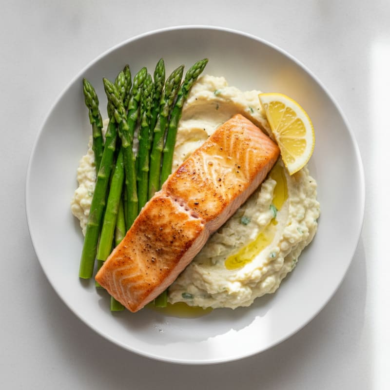 Seared Salmon Fillet with Steamed Asparagus and Cauliflower Mash