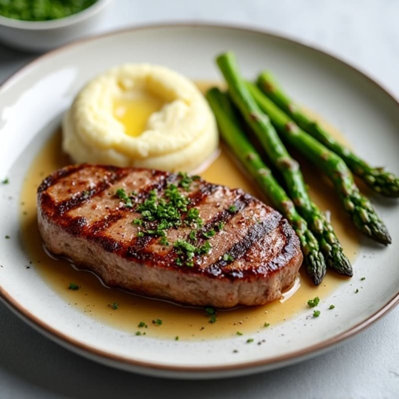 Seared Sirloin Steak with Garlic Mashed Potatoes and Grilled Asparagus