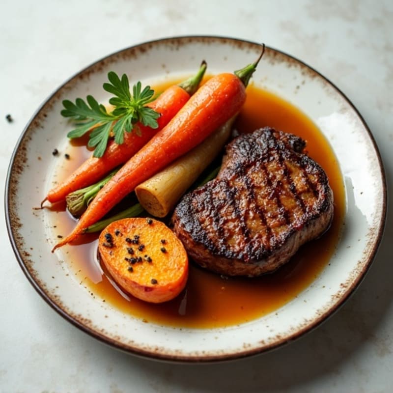 Seared Grass-fed Beef with Roasted Root Vegetables