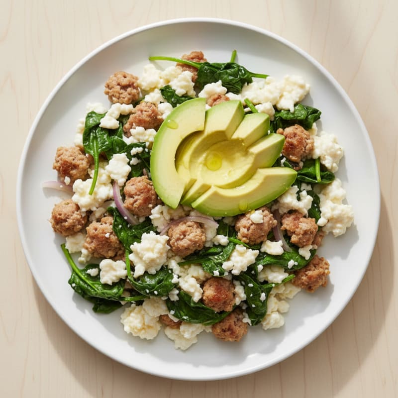 Egg White Scramble with Turkey Sausage and Sautéed Spinach