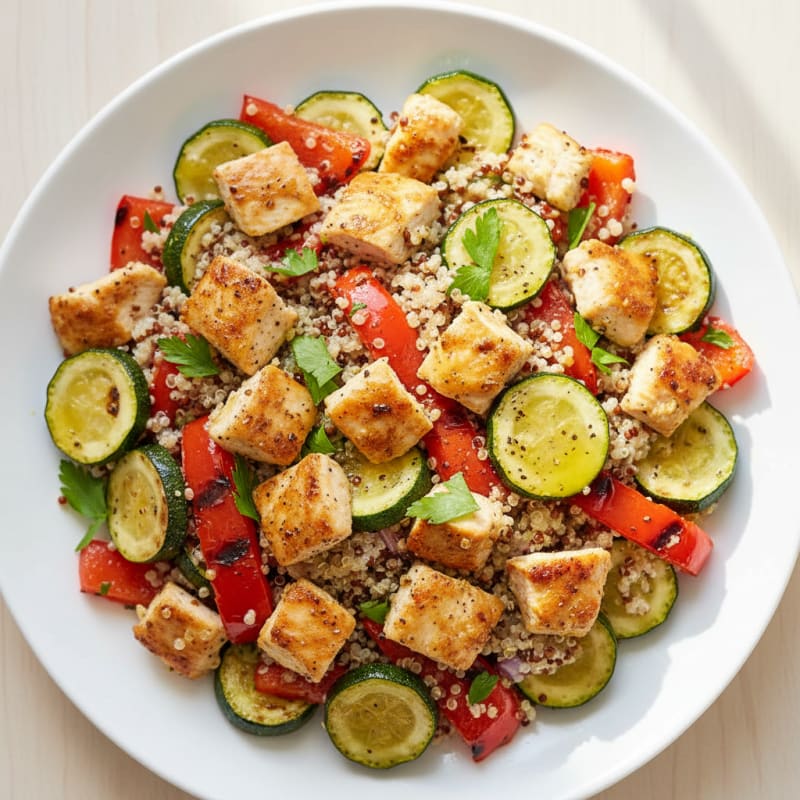 Mediterranean Roasted Vegetable & Chicken Quinoa Salad