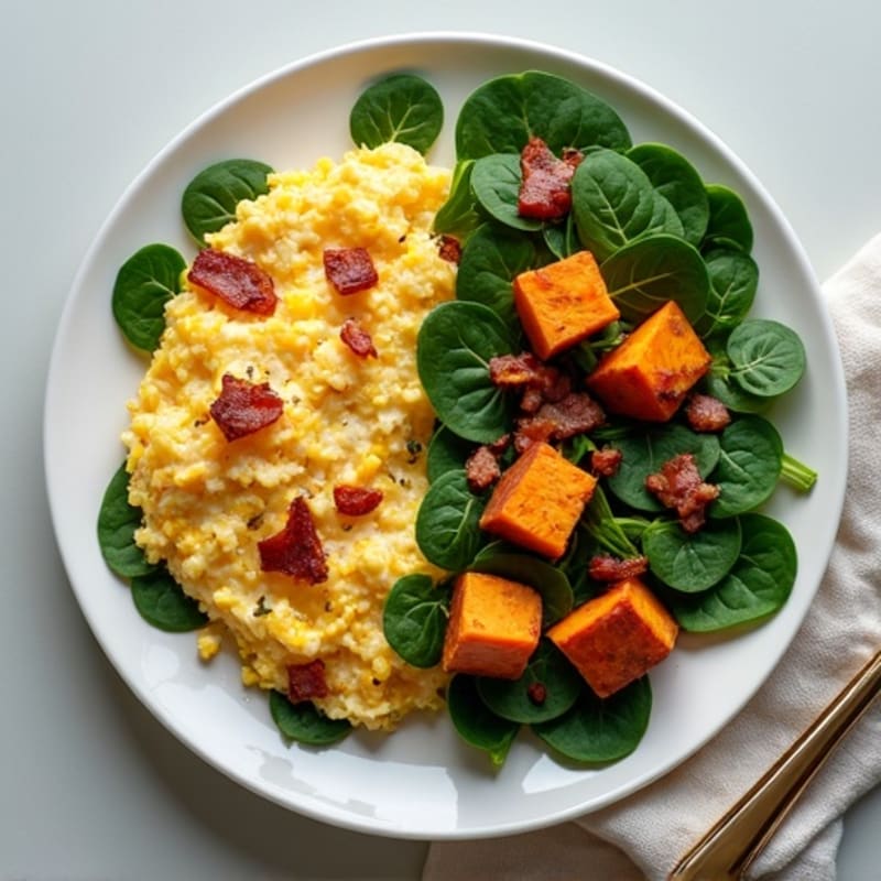 Egg White Spinach Scramble with Turkey Bacon and Sweet Potato