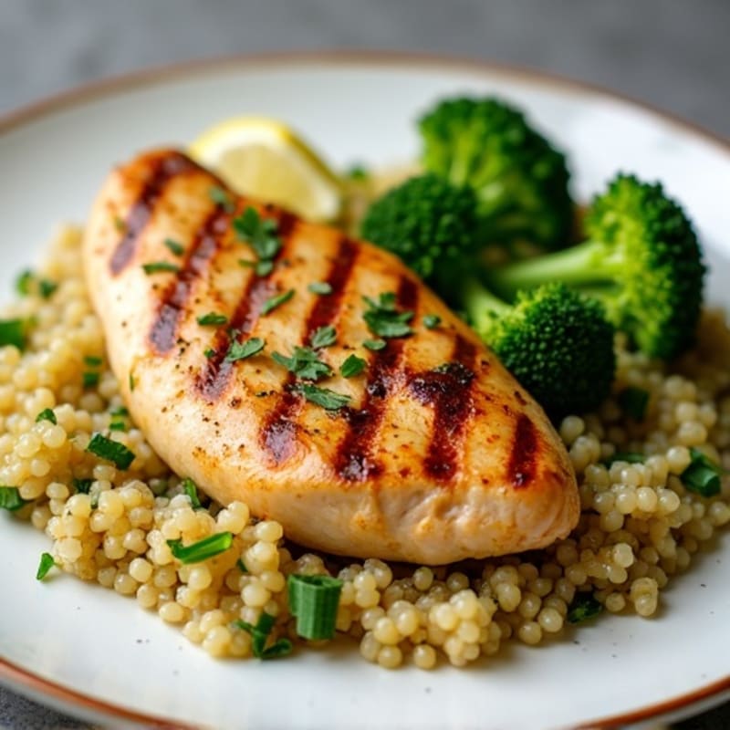 Grilled Chicken Breast with Roasted Broccoli and Lemon-Herb Quinoa