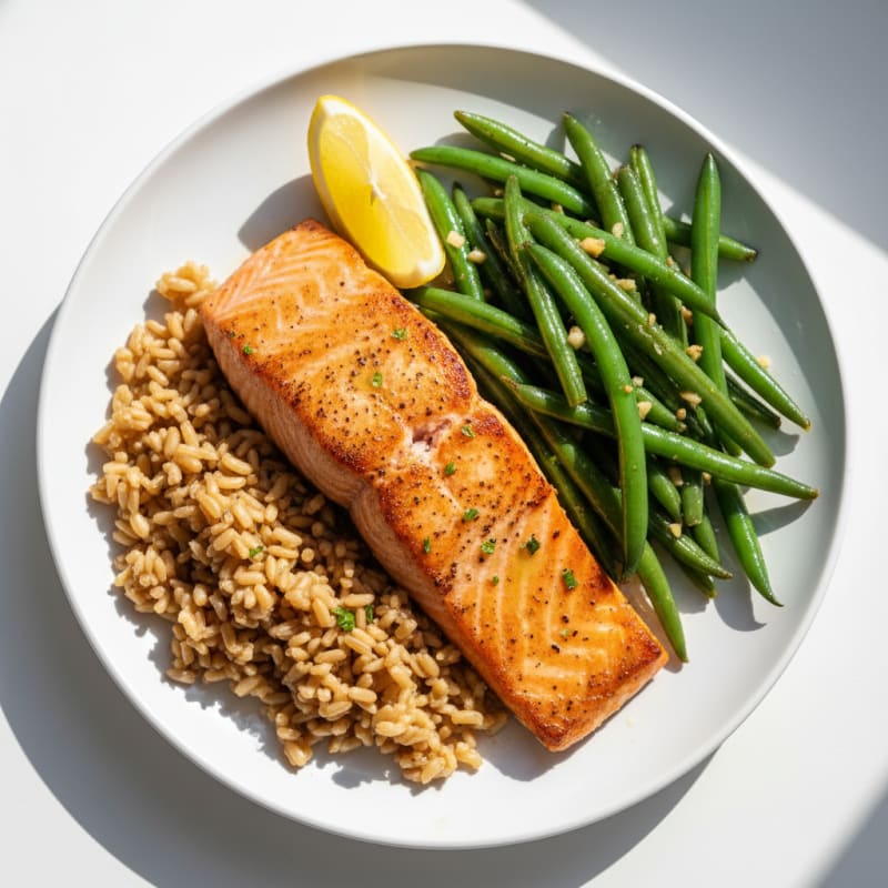Seared Salmon with Garlic Green Beans and Brown Rice