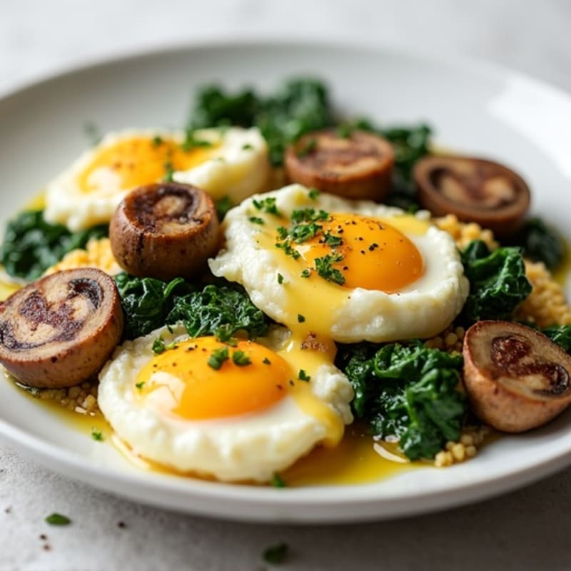 Egg White Spinach Scramble with Turkey Sausage and Sautéed Mushrooms