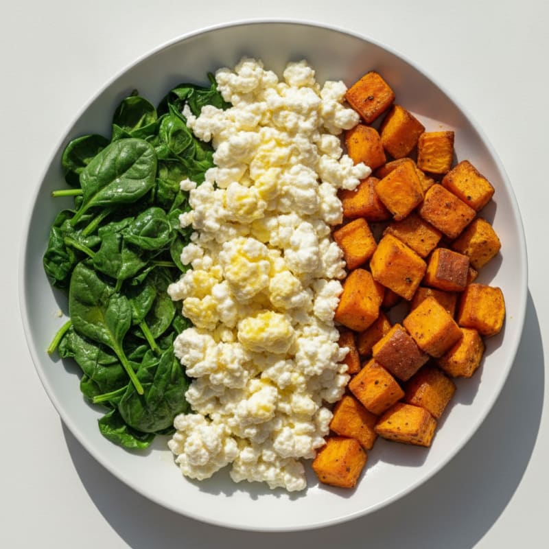 Cottage Cheese and Egg White Scramble with Sautéed Spinach and Roasted Sweet Potatoes