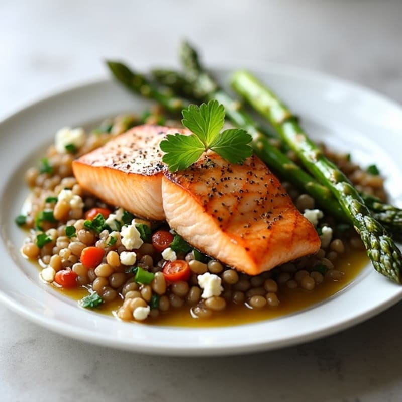 Seared Salmon with Lentil Salad and Roasted Asparagus