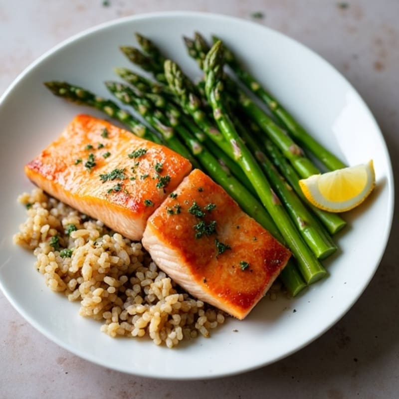 Seared Salmon Fillet with Herb Roasted Asparagus and Brown Rice