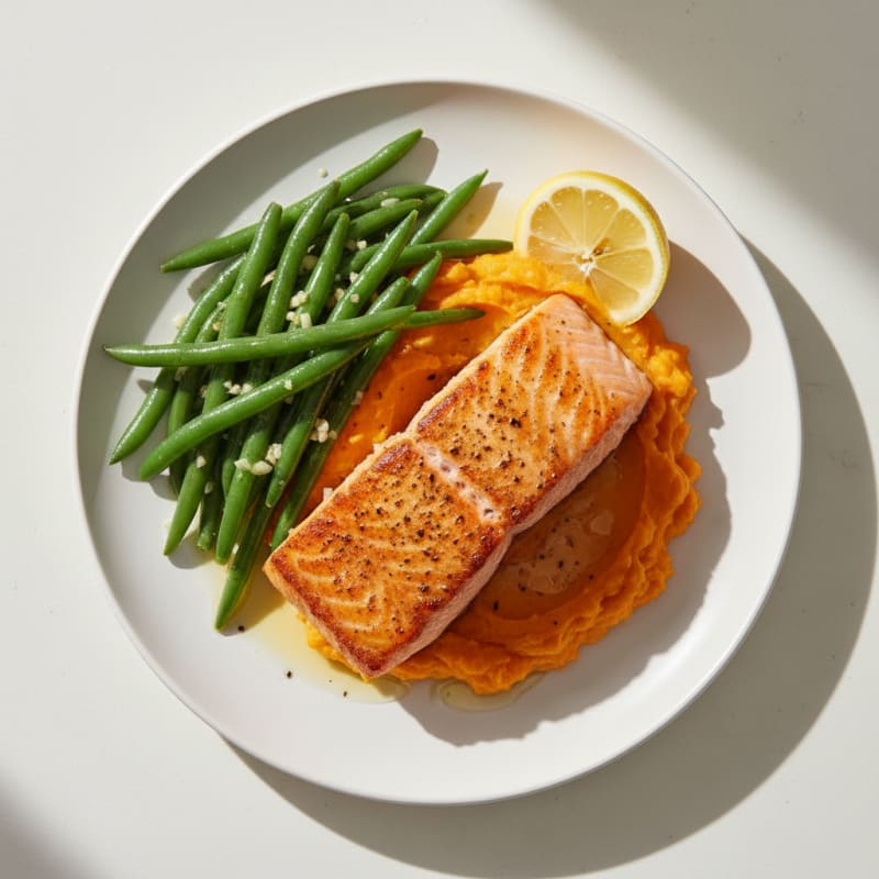 Seared Salmon with Garlic Green Beans and Sweet Potato Mash