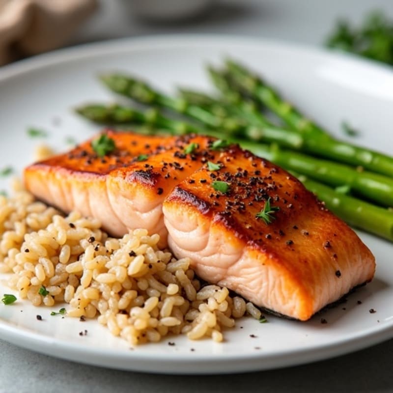 Seared Salmon Fillet with Steamed Asparagus and Brown Rice