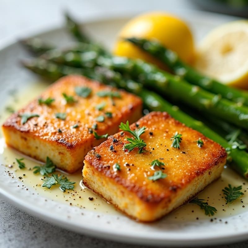 Crispy Herbed Tofu Steaks with Roasted Asparagus