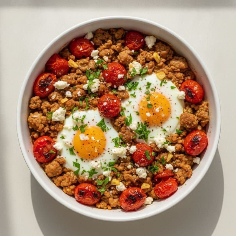 Baked Eggs with Roasted Tomatoes and Savory Turkey