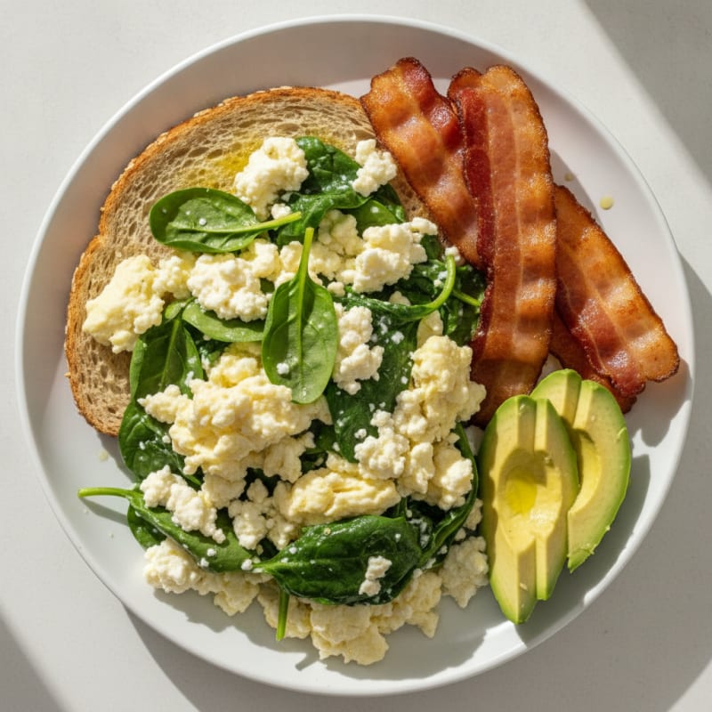 Cottage Cheese Scramble with Spinach and Turkey Bacon