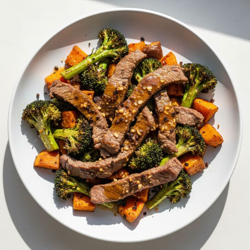 Seared Beef Strips with Roasted Broccoli and Sweet Potato