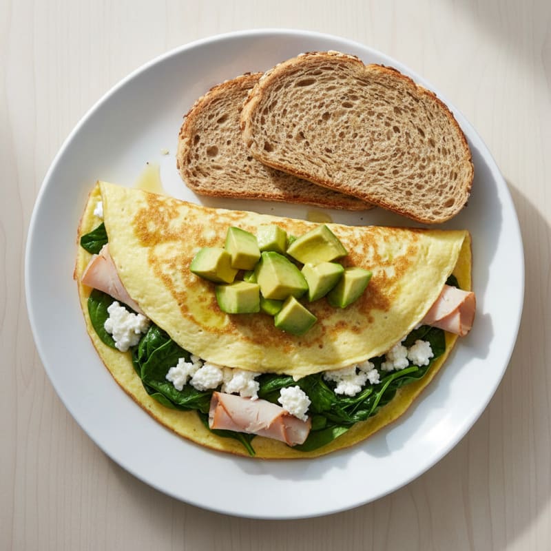 Egg White Spinach Omelette with Cottage Cheese and Sliced Turkey