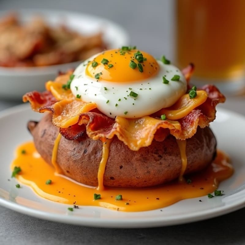 Crispy Bacon-Stuffed Sweet Potato with Sharp Cheddar and Poached Egg