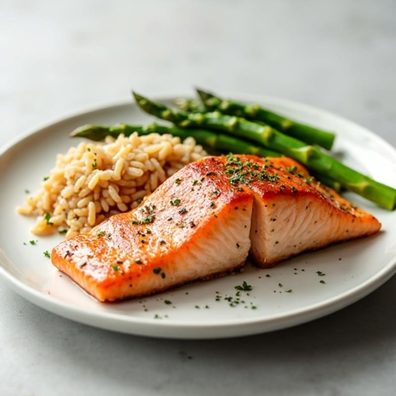 Seared Salmon with Steamed Asparagus and Brown Rice
