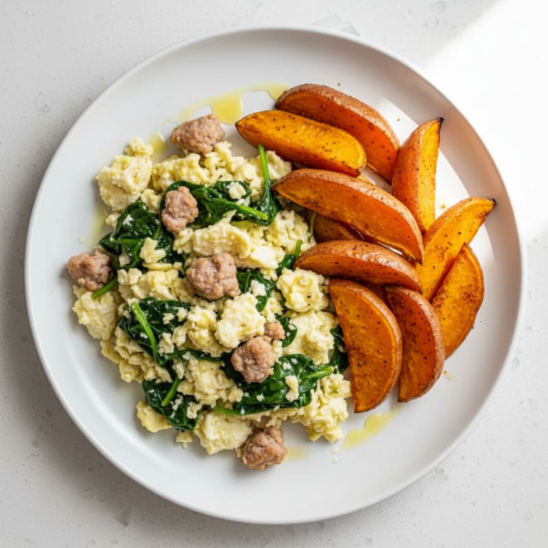 Egg White and Turkey Sausage Scramble with Spinach and Roasted Sweet Potatoes