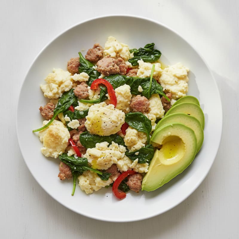 Egg White Scramble with Turkey Sausage and Sautéed Spinach
