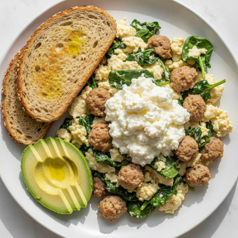 Egg White Scramble with Turkey Sausage and Cottage Cheese