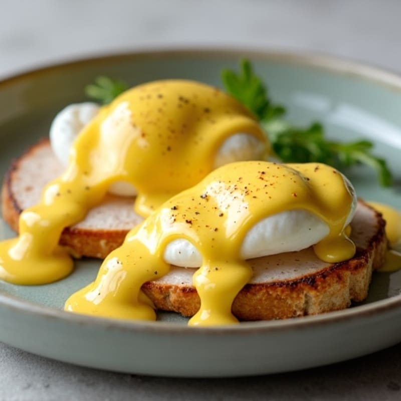 Poached Eggs with Avocado Hollandaise on Turkey