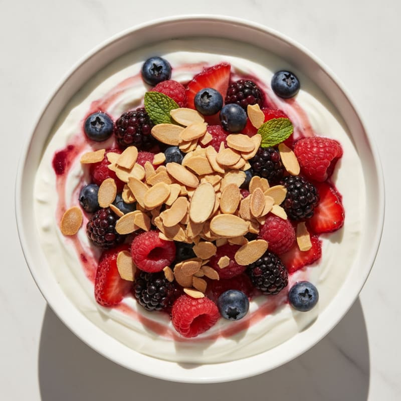 Greek Yogurt Protein Parfait with Mixed Berries and Almonds